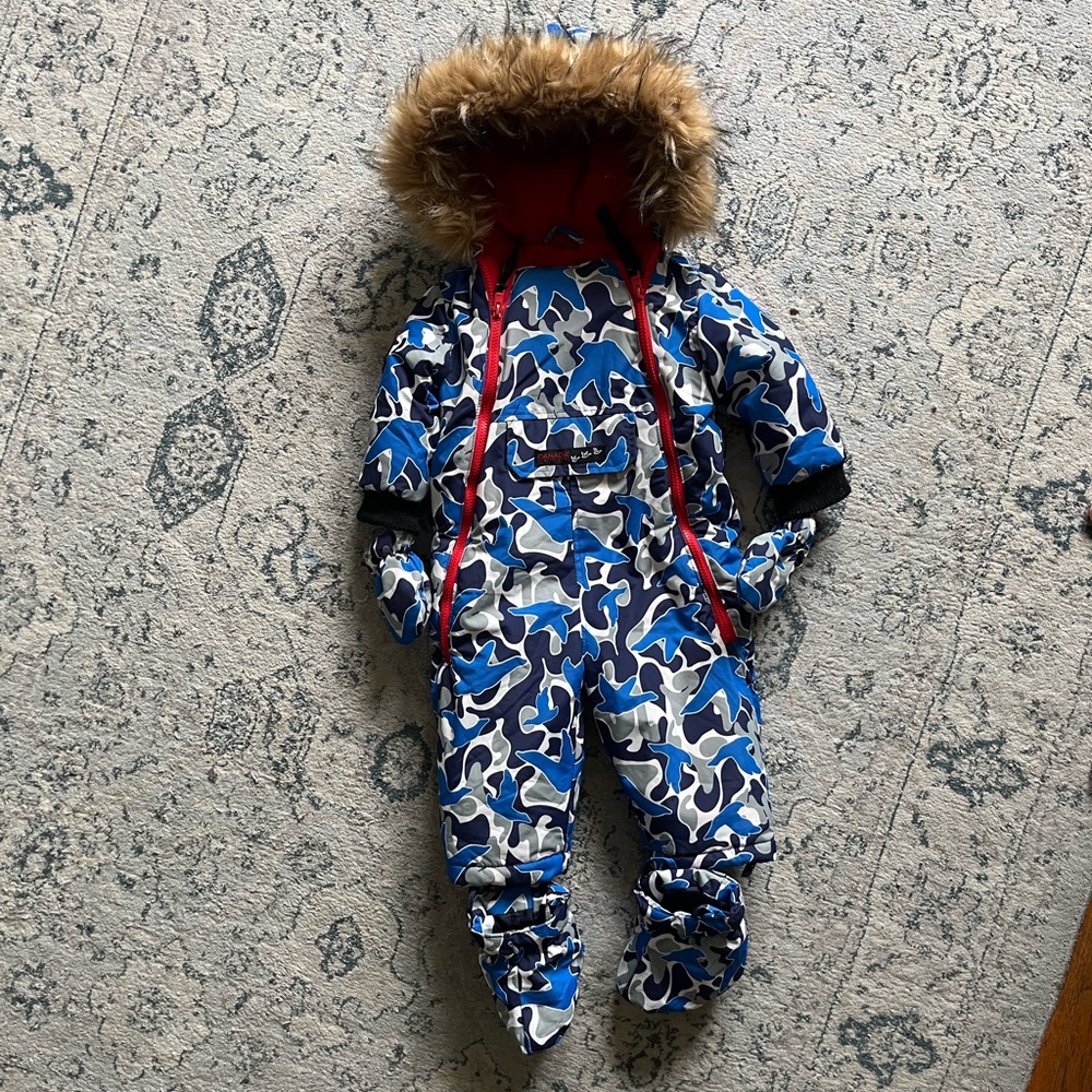 Blue Camouflage Kids Snowsuit with Faux Fur Hood